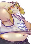 anthro belly blush bottomwear brown_body brown_fur bulge clothing fur kemono male overweight overweight_anthro overweight_male pants shirt simple_background solo tank_top text text_on_clothing text_on_shirt text_on_tank_top text_on_topwear topwear white_background chiro_(artist) lifewonders live_a_hero hisaki_(live_a_hero) canid canine canis domestic_dog mammal 2021 absurd_res english_text hi_res