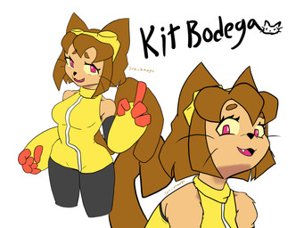anthro black_clothing black_legwear brown_body brown_fur clothing curled_tail eyewear eyewear_on_head female fur gesture goggles goggles_on_head hand_gesture legwear multiple_angles pointing pose simple_background smile smiling_at_viewer solo tail white_background yellow_clothing son_mango gameoverse glitch_productions kit_bodega domestic_cat felid feline felis mammal 4:3 colored headshot_portrait hi_res portrait shaded