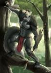 anthro black_nose bottomwear clothing countershading fur grey_body grey_fur heterochromia loincloth male melee_weapon plant polearm solo spear tree weapon fenrirwolfen mokarakom canid canine canis mammal wolf hi_res