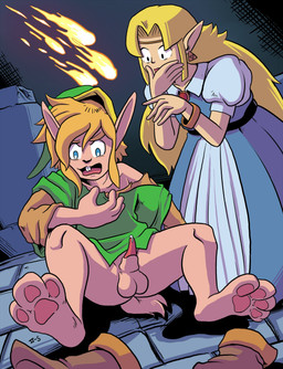 3_toes animal_genitalia animal_penis anthro balls blonde_hair bodily_fluids buckteeth clothing dress duo ear_piercing feet female genital_fluids genitals hair humanoid_pointy_ears lagomorph_penis male open_mouth pawpads penis piercing pointy_ears shrinking size_transformation species_transformation surprised tapering_penis teeth toes transformation numbertwos nintendo the_legend_of_zelda link_(rabbit_form) princess_zelda humanoid hylian lagomorph leporid mammal rabbit 2019 hi_res