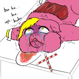 :< abuse ambiguous_gender animal_abuse blonde_hair blood bodily_fluids bound crying exposed_muscle feral flayed fur furniture gore hair hooves pink_body pink_fur shaking suffering table tears torture trembling yellow_eyes yellow_hooves young young_ambiguous young_feral yellowcottoncandy030 fluffy_pony fluffy_pony_(species) mammal 1:1 2025 digital_media_(artwork) hi_res