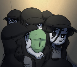 anthro arm_around_shoulders black_eyebrows black_eyes black_hair black_nose bodily_fluids brown_background clone clothing crowded eyebrows eyelashes eyeless female frown fur green_body green_skin group hair hat headgear headwear long_hair male pupils shadow shirt simple_background smile sweat topwear white_body white_eyebrows white_fur white_pupils thighlordash anon bridgette_(thighlordash) canid canine canis domestic_dog human hunting_dog mammal terrier
