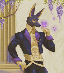 5_fingers anthro athletic athletic_anthro athletic_male black_body black_fur black_nose chest_wraps clothed clothing column eyewear fingers fur hand_wraps humanoid_hands male monocle purple_eyes solo wraps mr_bearpapi dislyte lilith_games drew_(dislyte) ambient_arthropod ambient_butterfly ambient_insect anubian_jackal canid canine canis jackal mammal 2024 colored hi_res