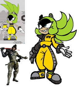 4_fingers anthro black_markings black_nose blue_eyes bottomwear clothed clothed_anthro clothed_female clothing cybernetic_arm cybernetic_limb cybernetics ear_piercing eyelashes facial_markings female female_anthro fingers footwear fully_clothed fully_clothed_anthro fully_clothed_female fur gloves green_body green_ears green_fur green_hair grey_ear_piercing hair handwear head_markings holding_katana holding_melee_weapon holding_object holding_sword holding_weapon katana long_hair looking_up machine male male_human markings melee_weapon pants piercing print_clothing print_topwear sharp_teeth shoes simple_background smile solo standing sword tan_ears teeth topwear triangle_nose weapon white_background white_clothing white_gloves white_handwear yellow_bottomwear yellow_clothing yellow_footwear yellow_pants yellow_shoes nanodude78 idw_publishing konami metal_gear metal_gear_rising:_revengeance platinumgames sega sonic_the_hedgehog_(comics) sonic_the_hedgehog_(idw) sonic_the_hedgehog_(series) jetstream_sam surge_the_tenrec afrosoricid cyborg human mammal tenrec 2025 digital_drawing_(artwork) digital_media_(artwork) flat_colors hi_res reference_image