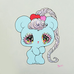 accessory anthro bangs blue_body bodily_fluids braided_hair braided_ponytail chibi crying eyelashes eyeshadow female glistening glistening_eyes green_eyeshadow hair hair_accessory kemono long_hair makeup paws pink_eyelashes ponytail solo sparkles superflat tears toony young yurie_sekiya bear mammal hi_res