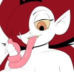 2021 absurd_res bedroom_eyes bodily_fluids crown cum disembodied_penis disney duo erection eyelashes fangs female ferretidk genital_fluids genitals hair hair_over_eye headgear hekapoo hi_res humanoid humanoid_genitalia humanoid_penis leaking_cum lips long_tongue male male/female mostly_offscreen_character narrowed_eyes not_furry one_eye_obstructed oral orange_eyes penis prehensile_tongue red_hair seductive sex simple_background smile solo_focus star_vs._the_forces_of_evil teeth tongue tongue_around_penis tongue_out tonguejob white_background white_body yellow_sclera
