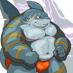 anthro belly bulge clothing cute_fangs fangs humanoid_hands kemono male moobs navel nipples overweight overweight_anthro overweight_male scar solo teeth underwear raichoclub fish marine shark 1:1 2020