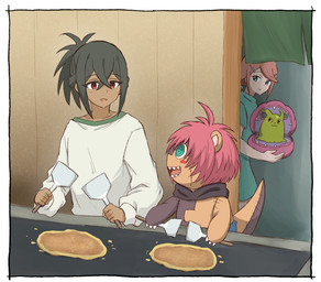 anthro bivalve_shell black_hair blush border cooking female feral grill group hair male mollusk_shell okonomiyaki pink_hair plushie shell smile stitch_(sewing) white_border kadoko5 bandai_namco digimon digimon_beatbreak granit_(digimon_beatbreak) hotaruko_kanuma animate_inanimate digimon_(species) human living_plushie ludomon mammal syakomon