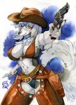 anthro breasts brown_outfit bullet claws clothing cowgirl_outfit female fingers fur gun hair hat headgear headwear markings navel panties ranged_weapon solo spots spotted_body spotted_fur tail tail_fluff underwear weapon white_body white_fur yellow_eyes murazaki oxana_(cowface) borzoi bovid bovine canid canine canis cattle domestic_dog hunting_dog hybrid mammal sighthound absurd_res hi_res traditional_media_(artwork) watercolor_(artwork)