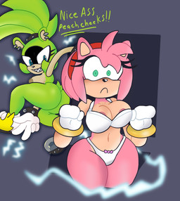 accessory anthro areola areola_slip big_butt black_body black_fur black_nose blue_eyes bra bracelet breasts brown_areola butt cleavage clothed clothing dialogue duo ear_piercing eyelashes facial_markings female front_view fur gloves green_body green_eyes green_fur grey_background hair hair_accessory hairband handwear head_markings head_tuft jewelry markings navel nude panties piercing pink_areola pink_body pink_fur pink_hair sharp_teeth short_hair simple_background smile sonic_adventure_pose studded_bracelet studded_jewelry studs tan_body tan_fur teeth text thick_thighs tuft underwear white_bra white_clothing white_gloves white_handwear white_panties white_underwear wide_eyed wide_hips mschaox6 idw_publishing sega sonic_the_hedgehog_(comics) sonic_the_hedgehog_(idw) sonic_the_hedgehog_(series) amy_rose surge_the_tenrec afrosoricid eulipotyphlan hedgehog mammal tenrec hi_res