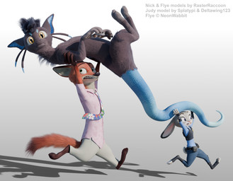 accessory anthro barbel_(anatomy) belt black_nose blue_bottomwear blue_clothing blue_pants blue_shirt blue_topwear bottomwear carrying_another claws clothing feet female fur gloves_(marking) green_eyes grey_body grey_fur group humor long_sleeves looking_at_viewer lying male markings necktie nude on_back orange_body orange_fur pants paws pink_clothing pink_nose pink_shirt pink_topwear police police_uniform purple_body purple_eyes purple_fur running scales shirt short_sleeves simple_background tail teeth text topwear trio uniform white_background white_bottomwear white_clothing white_pants yellow_eyes rasterraccoon splatypi_(modeler) disney mythology zootopia flye judy_hopps nick_wilde canid canine dragon fox hybrid kangaroo lagomorph leporid macropod mammal marsupial mythological_creature mythological_scalie rabbit scalie 3d_(artwork) absurd_res blender_(artwork) digital_media_(artwork) english_text hi_res watermark