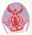 2023 absurd_res alien anthro anthrofied back_markings biped butt butt_polish disney drying ear_markings experiment_(lilo_and_stitch) experiment_627 head_markings hi_res holding_object holding_towel lilo_and_stitch lovemet123_(lovemet_room) male markings muscular muscular_anthro muscular_male notched_ear occipital_markings rear_view red_body simple_background small_tail solo tail towel traditional_media_(artwork)