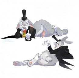anthro bodily_fluids bottomless bow_tie butt clothed clothing erection eyewear feet genital_fluids genitals gloves handwear hat headgear headwear inviting looking_at_viewer looking_back lying male monocle penis precum presenting presenting_hindquarters simple_background solo suit tail tapering_penis top_hat white_background grech4 cartoon_network foster's_home_for_imaginary_friends mr._herriman lagomorph leporid mammal rabbit hi_res