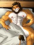 2013 abs anthro athletic bed biceps big_muscles biped blush covering covering_self fangs felid front_view fur furniture grin hair hentist lion looking_at_viewer lying male mammal mane muscular muscular_anthro muscular_male nipples nude on_back on_bed pantherine pecs pose shishimaru_genjurou smile solo teeth vein
