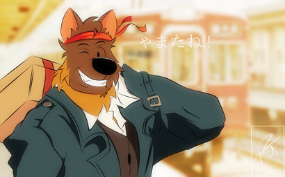 accessory anthro blurred_background brown_body brown_fur fur headband male one_eye_closed solo text wink anonymous_artist gab_(comic) voff_akita akita american_akita canid canine canis domestic_dog mammal spitz hi_res japanese_text