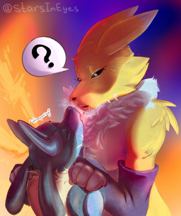 anthro arm_tuft armwear aroused biceps big_breasts black_body black_fur black_nose black_sclera blue_background blue_body blue_eyes blue_fur blush blush_lines bodily_fluids breasts bridal_gauntlets cheek_tuft chest_tuft clothed clothed/nude clothing confusion cuddling duo ears_back ears_up eyes_closed facial_tuft female fur hand_on_shoulder hug larger_female lips long_ears looking_at_another looking_down looking_up male moan muscular muscular_anthro muscular_female neck_tuft nude orange_background pink_tongue pivoted_ears purple_body purple_clothing purple_fur question_mark romantic romantic_ambiance romantic_couple saliva seductive shoulder_tuft simple_background size_difference smaller_male sparkles stare steam tan_body tan_fur text tongue tongue_out triceps tuft whimper yellow_body yellow_fur starsineyes bandai_namco digimon nintendo pokemon canid digimon_(species) generation_4_pokemon lucario mammal pokemon_(species) renamon artist_name colored crossover hi_res shaded