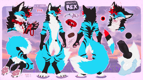 animal_genitalia animal_penis anthro anus balls black_claws black_nose black_penis blue_body blue_fur blue_tail bodily_fluids canine_genitalia canine_penis claws collar dipstick_tail fur genital_fluids genitals knot knotted_penis male markings one_eye_closed pawpads penis pink_pawpads precum red_collar red_eyes sheath solo tail tail_markings tongue tongue_out white_balls white_body white_fur white_tail_tip alikars canid canine fox mammal hi_res model_sheet