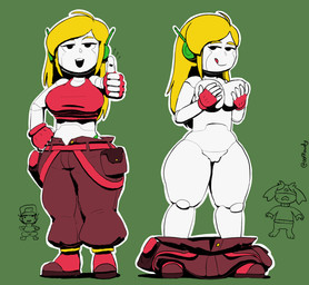 anthro big_breasts blonde_hair breasts clothed clothing covering covering_breasts duo female genitals gesture green_background hair hand_gesture licking licking_lips looking_at_viewer machine male not_furry nude simple_background thumbs_up tongue tongue_out underwear underwear_on_head vulva oofrowdy cave_story curly_brace quote_(cave_story) sue_sakamoto android humanoid lagomorph mammal mimiga robot digital_media_(artwork) hi_res