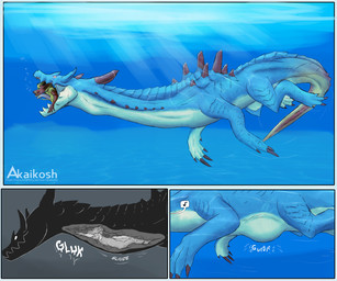 anthro anthro_prey belly big_belly black_background black_claws blue_background blue_body blue_legs blue_tail brown_horn claws feet_first feral feral_pred horn internal musical_note musical_symbol neck_bulge red_body rumbling_stomach simple_background swallowing symbol tail text underwater vore water white_neck akaikosh capcom monster_hunter maundrill lagiacrus leviathan_(mh) 2023 6:5 comic english_text hi_res watermark