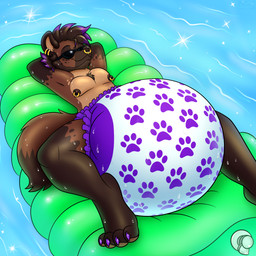 anthro beard big_diaper big_nipples chest_tuft diaper ear_piercing ear_ring eyewear facial_hair facial_piercing hair male nipple_piercing nipple_ring nipples nose_piercing nose_ring piercing pool_float purple_hair ring_piercing solo sunglasses swimming_pool tuft water mapimoo_(artist) necrun hyena mammal spotted_hyena 1:1 absurd_res hi_res