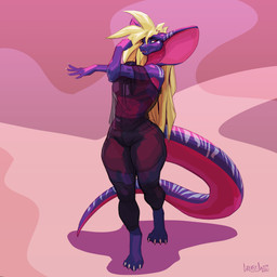 5_fingers anthro biped blonde_hair bodily_fluids breasts clothed clothing countershade_scales countershade_tail countershade_torso countershading female fingers fully_clothed hair markings non-mammal_breasts purple_body purple_scales scales simple_background solo spiky_hair stretching striped_markings striped_tail stripes sweat sweatdrop tail tail_markings thick_tail translucent translucent_clothing year mainlinemojo lynda_(thepolo) cobra reptile scalie snake 1:1 2021 absurd_res hi_res