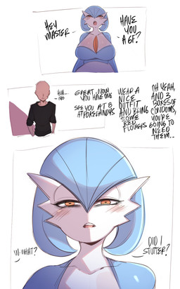 assertive_female big_breasts black_clothing black_topwear blue_body blush breasts clothing dialogue duo female female_humanoid male master not_furry open_mouth orange_eyes text topwear white_body saltyxodium nintendo pokemon gardevoir generation_3_pokemon human humanoid mammal pokemon_(species) shiny_pokemon 2026 comic english_text hi_res