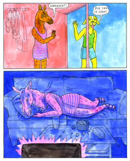 anthro blue_bottomwear blue_clothing blue_shorts bottomwear breasts brown_body brown_fur clothing coffee_table denim denim_bottomwear denim_clothing denim_shorts dialogue dress duo female fur furniture gesture goodbye green_clothing green_shirt green_tank_top green_topwear humanoid_hands lying lying_on_sofa on_side on_sofa pink_clothing pink_dress pink_tongue shirt shorts snout sofa speech_bubble tank_top text tongue tongue_out topwear watching_television waving yellow_body yellow_fur lisa_hanawalt canid canine canis deer domestic_dog mammal moose new_world_deer comic english_text hi_res traditional_media_(artwork)