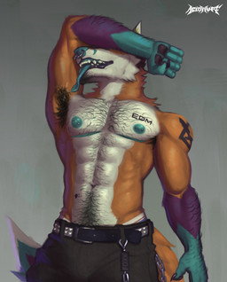 abs anthro arm_hair armpit_hair barbell_piercing belly_hair belt black_belt blue_nipples blue_nose blue_scar blue_tongue body_hair bottomwear bulge cheek_tuft chest_hair circular_barbell_piercing clothed clothing facial_piercing facial_tuft fangs front_view fur grey_background grey_bottomwear grey_clothing grey_pants happy_trail male male_anthro mastectomy_scar muscular muscular_anthro muscular_male neck_tuft nipples nose_piercing open_mouth orange_body orange_fur pants pecs piercing scar septum_circular_barbell septum_piercing simple_background solo standing teeth tongue tongue_out topless tuft white_body white_fur acidwuff vlatt23_pose frisky_(foxjxck) canid canine mammal absurd_res hi_res portrait three-quarter_portrait