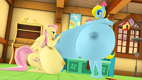 anthro anthrofied barefoot big_breasts blush bodily_fluids breast_size_difference breastfeeding breasts duo feet female female/female huge_breasts hyper hyper_breasts kneeling lactating nipples nude wings pinkierawr friendship_is_magic hasbro my_little_pony mythology fluttershy_(mlp) equid equine mammal mythological_creature mythological_equine pegasus 16:9 3d_(artwork) digital_media_(artwork) hi_res widescreen