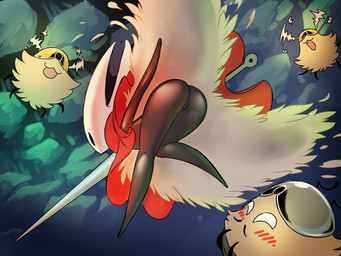 2_horns ambiguous_gender antennae_(anatomy) anthro armor bent_over biped black_body black_eyes blush blush_lines bottomless butt cloak clothed clothing empty_eyes featureless_crotch female feral flying fur group headgear helmet horn lance looking_at_another male melee_weapon midair open_mouth open_smile polearm red_cloak red_clothing smile weapon white_body white_eyes yellow_body yellow_fur chochi hollow_knight:_silksong hollow_knight_(franchise) team_cherry hornet_(hollow_knight) kratt_(hollow_knight:_silksong) arthropod flea_(hollow_knight:_silksong) insect 2025 4:3 hi_res