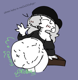 abdominal_bulge anthro belly burping clothing exposed_shoulder hair hair_over_eye headgear headwear male oversized_clothing rumbling_stomach simple_background solo squirming text vore guhhuh6 guhhuh6_(character) felid feline mammal