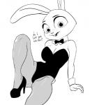 2016 absurd_res anthro big_breasts biped breasts buckteeth bunny_costume cleavage clothed clothing costume disney female footwear hi_res high_heels judy_hopps lagomorph leporid long_ears looking_at_viewer mammal monochrome necktie platform_footwear platform_heels playboy_bunny playboy_outfit rabbit shoes simple_background sirdooblie solo teeth text zootopia