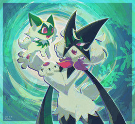 ambiguous_gender anthro claws fangs featureless_crotch feral floral_background flower fur green_body green_fur green_hair hair looking_at_another one_eye_closed open_mouth pawpads paws pink_eyes plant solo tail teeth tongue mrh2o2 nintendo pokemon felid feline generation_9_pokemon mammal meowscarada pokemon_(species) sprigatito 2025 dated hi_res signature