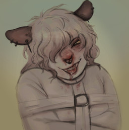 ambiguous_gender anthro blood bodily_fluids braces bruised drooling ear_piercing facial_piercing gradient_background hair hair_over_eye humanoid_face messy_hair nose_piercing nose_ring nosebleed piercing restraints ring_piercing saliva saliva_string simple_background solo straitjacket enthralls american_opossum mammal marsupial virginia_opossum absurd_res hi_res