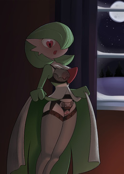 areola biped black_clothing blush bra breasts clothed clothing clothing_lift crotchless_clothing crotchless_panties crotchless_underwear curtains_open dim_lighting erect_nipples evergreen_tree female garter_belt garter_straps genitals green_body heart_pupils heart_symbol inside lace_bra lace_panties looking_down moon multicolored_body nipples one_eye_obstructed open_mouth panties pine_tree plant presenting presenting_vulva red_eyes snow solo standing translucent translucent_clothing tree two_tone_body underwear vulva white_body window winter ediblecrustables nintendo pokemon gardevoir generation_3_pokemon humanoid pokemon_(species) hi_res