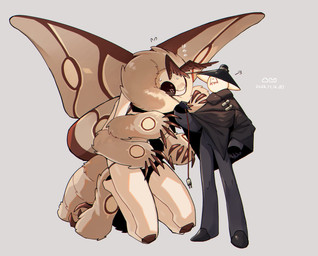 anthro black_eyes blush brown_body brown_fur collar duo for_a_head fur kneeling larger_sub leash leash_pull light_bulb male size_difference submissive wings sannota272 arthropod insect lepidopteran moth object_head hi_res