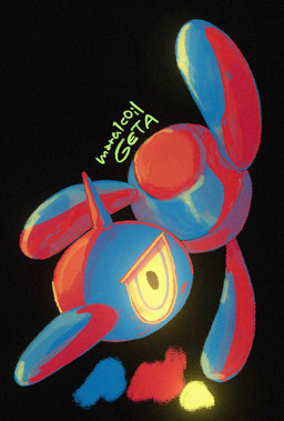 ambiguous_gender angry beak big_eyes big_head black_background color_swatch floating_head glistening glistening_body glowing glowing_eyes horn looking_at_viewer simple_background solo tail yellow_eyes geta_(artist) nintendo pokemon digital_creature generation_4_pokemon pokemon_(species) porygon-z 2025 film_grain full-length_portrait hi_res portrait