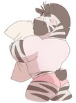 anthro blush butt clothed clothing fully_clothed fur hug hugging_object hugging_pillow looking_back male mane multicolored_body multicolored_fur pillow pink_clothing pink_underwear shirt short_tail simple_background solo striped_body striped_fur stripes tail topwear underwear white_background ubecorn postal_zebra_(ubecorn) equid equine mammal zebra 2023 hi_res portrait three-quarter_portrait