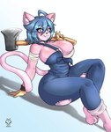 3_toes :3 anthro axe barefoot big_breasts black_nose blue_clothing blue_eyes blue_hair blue_overalls breasts claws clothing denim denim_clothing eyelashes feet female fur glistening glistening_body hair holding_axe holding_object looking_at_viewer overalls pink_body pink_fur short_hair smile solo tail thick_thighs toes torn_clothing wide_hips lobovalkiria domestic_cat felid feline felis mammal absurd_res hi_res