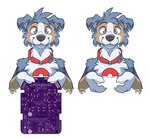 anthro badge blue_eyes collar electronics holding_object looking_at_viewer male pokeball solo spots tim_weeks nintendo pokemon savestate kade_(savestate) australian_shepherd canid canine canis domestic_dog herding_dog mammal pastoral_dog sheepdog hi_res