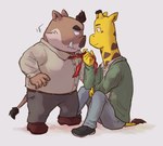 anthro biped bottomwear brown_body clothing duo humanoid_hands kemono male male/male necktie pants shirt slightly_chubby topwear yellow_body saturn_ribbon odd_taxi kensuke_shibagaki_(odd_taxi) satoshi_nagashima_(odd_taxi) giraffe giraffid mammal suid suina sus_(pig) wild_boar 2022