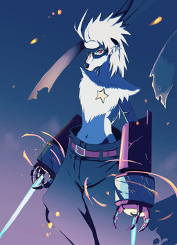 ambiguous_gender anthro belt blood bodily_fluids bottomwear clothing cybernetic_arm cybernetic_limb fur grey_body grey_fur hair mas mechanical_arm navel pants red_eyes solo star white_body white_fur wounded huti bandai_namco digimon digimon_beatbreak digimon_(species) wolvermon 2025 digital_media_(artwork) hi_res