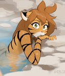 5_fingers anthro areola biped black_stripes breasts brown_hair countershade_torso countershading female fingers fur green_eyes hair looking_at_viewer nipples nude nude_anthro nude_female orange_body orange_fur partially_submerged solo striped_body striped_fur stripes water wet askart twokinds flora_(twokinds) keidran 2025 digital_media_(artwork) hi_res