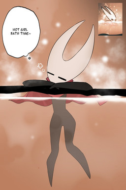 anthro cloak cloak_only clothing featureless_crotch featureless_feet featureless_hands feet female horn on_model slim slim_female thigh_gap thinking thought_bubble water wide_hips confused_haki hollow_knight:_silksong hollow_knight_(franchise) team_cherry hornet_(hollow_knight) arthropod hi_res official_art
