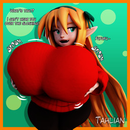big_breasts bottomwear breasts clothing exclamation_point female freckles green_eyes hair hand_on_breast holding_breast huge_breasts humanoid_pointy_ears hyper hyper_breasts long_hair onomatopoeia open_mouth orange_hair pants pointy_ears pupils question_mark sloshing_breasts solo sound_effects sweater text topwear tahlian felicia_(tahlian) elf humanoid 1:1 3d_(artwork) digital_media_(artwork) english_text hi_res