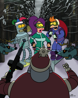 boots breasts clothing female footwear group hair holidays machine male open_mouth orange_hair plant purple_hair science_fiction shoes snow tree trio weapon christmas comedy_central futurama bender_bending_rodríguez philip_j._fry santa_claus turanga_leela cyclops deer human mammal new_world_deer reindeer robot absurd_res hi_res official_art