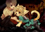 blonde_hair bodily_fluids clothed clothing dress duo female feral hair hand_holding human_to_feral male open_mouth raised_tail scared shirt species_transformation tail tears topwear transformation tetetor-oort higurashi_no_naku_koro_ni maebara_keiichi satoko_houjou domestic_cat felid feline felis human mammal 2008