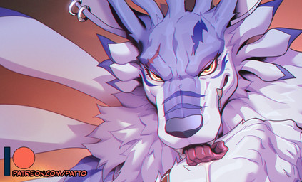 5_fingers ambiguous_fluids anthro big_hands black_nose ear_piercing ear_ring eyelashes facial_markings facial_scar fangs fingers fur hand_lick head_markings licking looking_at_viewer male male_anthro markings multicolored_body multicolored_fur narrowed_eyes neck_tuft patreon_logo patreon_username piercing pink_tongue purple_body purple_fur purple_stripes ring_piercing scar self_lick simple_background smile smiling_at_viewer solo striped_body striped_face striped_fur stripes teeth text tongue tongue_out tuft underbite white_body white_fur white_inner_ear yellow_eyes patto bandai_namco digimon patreon digimon_(species) weregarurumon artist_name chromatic_aberration cropped digital_media_(artwork) full_version_at_paywall hi_res promotional_material shaded url