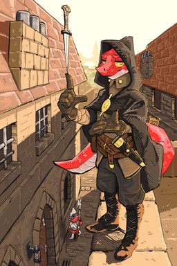 anthro armor belt belt_buckle belt_pouch boots bottomwear buckle building clothed clothed_anthro clothed_male clothing dagger eyebrows footwear gloves halberd handwear headgear helmet looking_at_viewer male melee_weapon military outside pants polearm reptile_tail robe shirt shoes smile smiling_at_viewer soldier solo standing standing_on_building tail thief topwear warrior weapon window yellow_eyes mawkvlt lizard reptile scalie 2:3 absurd_res hi_res