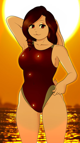 anthro big_breasts breasts clothed clothing eyelashes female fur hair huge_breasts looking_at_viewer navel one-piece_swimsuit outside smile solo sport_swimsuit sunset swimwear tight_clothing water wide_hips buffbumblebee ruby_(buffbumblebee) lagomorph mammal 2018 absurd_res digital_drawing_(artwork) digital_media_(artwork) hi_res